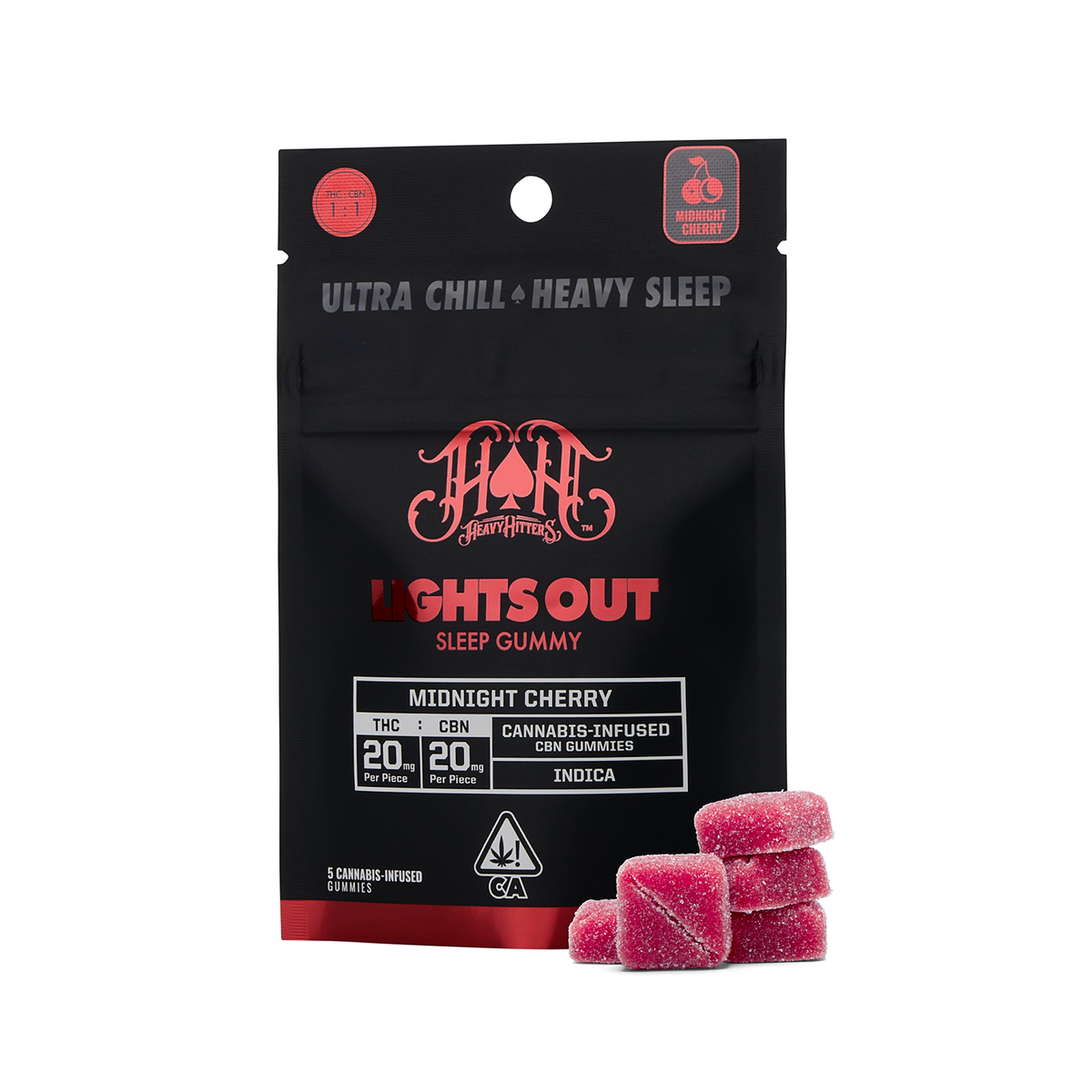 Heavy Hitters Midnight Cherry Indica Lights Out CBN Sleep Gummies 100mg THC 100mg CBN