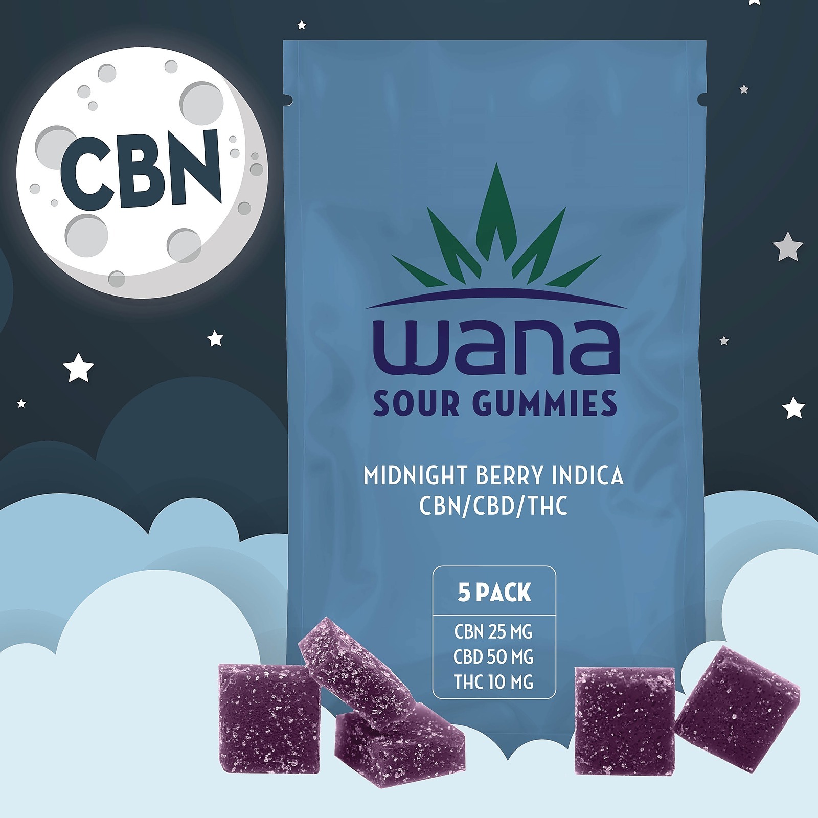 Wana Canada: Wana Sour CBN Midnight Berry Indica 5-pack | Leafly