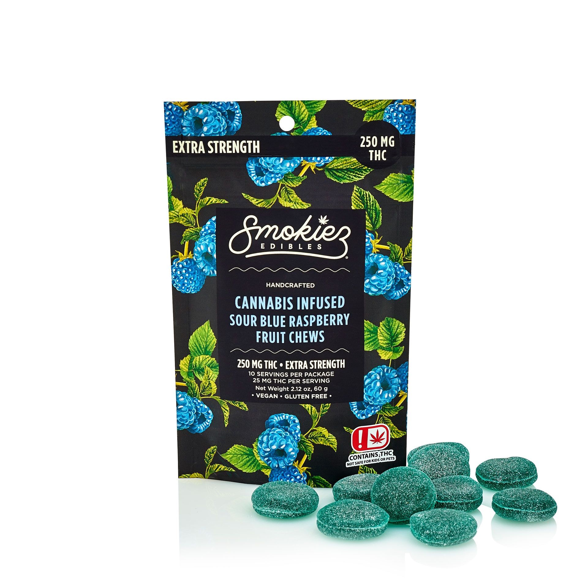 Smokiez Edibles Sour Blue Raspberry Fruit Chews 250mg THC OK Leafly