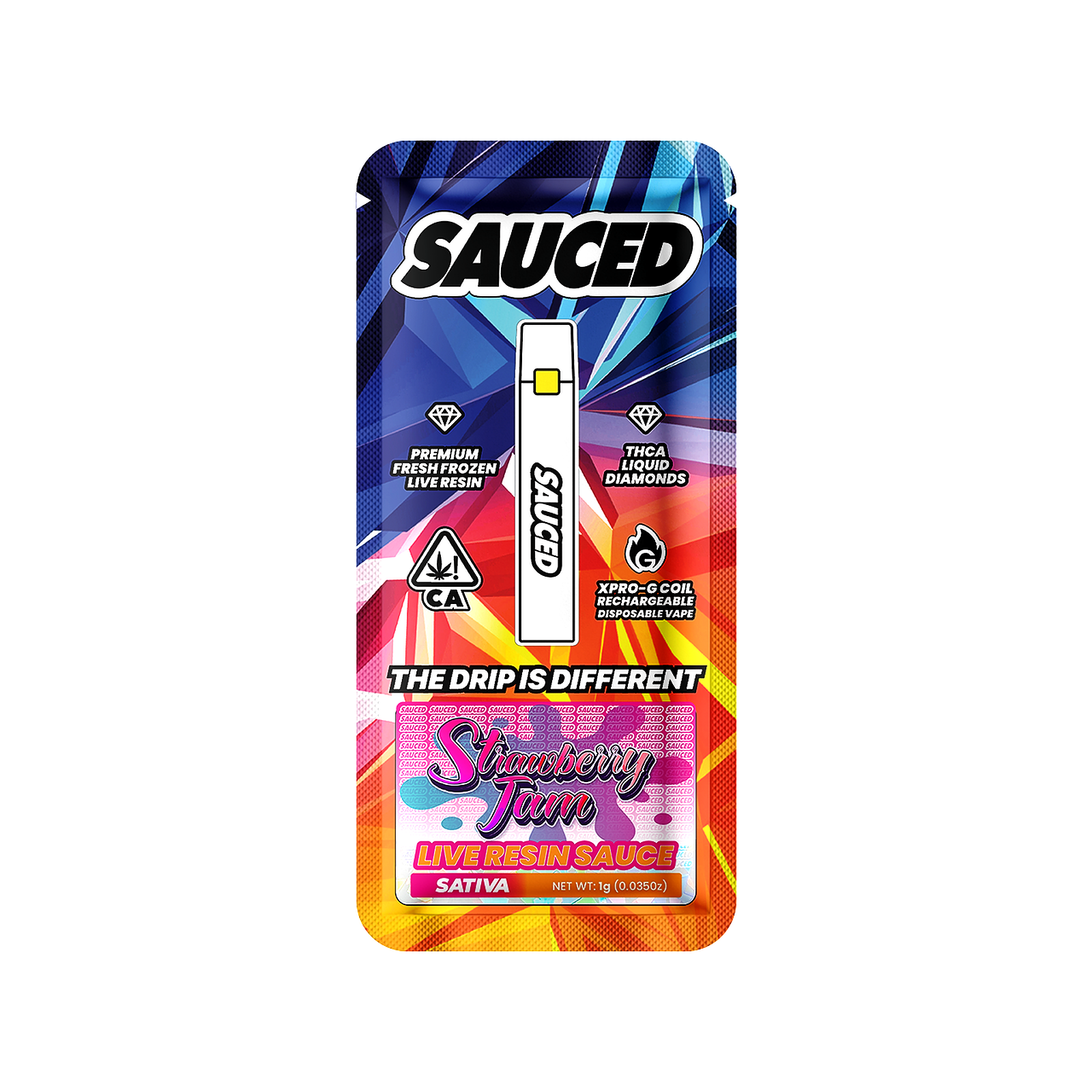 SAUCED SAUCED STRAWBERRY JAM Sativa . Live Resin Disposable Vape . Dual Airflow Postless