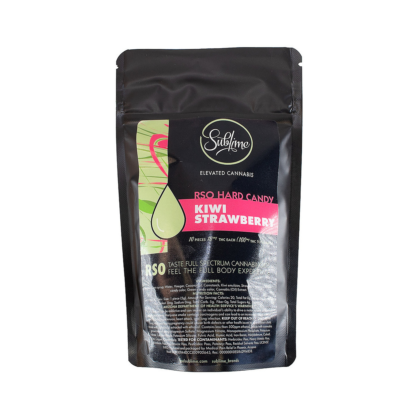 Sublime Brands Kiwi Strawberry RSO hard Candy 100mg THC Leafly