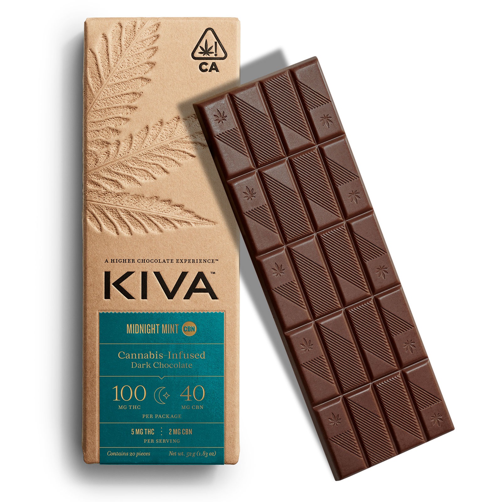5mg : 2mg CBN Kiva 'Midnight Mint' Dark Chocolate Bar 100mg THC : 40mg CBN total