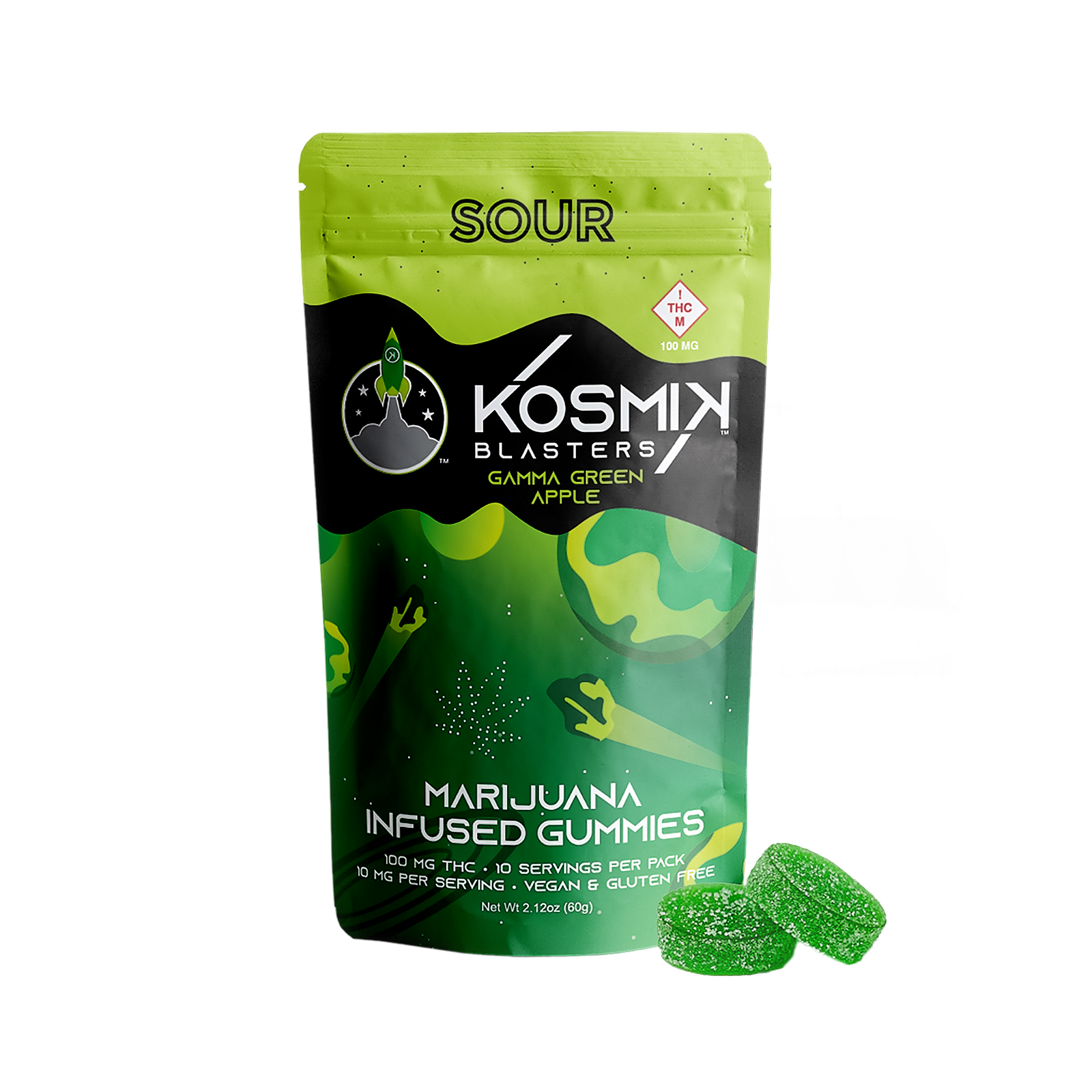 Kosmik Brands Sour Gamma Green Apple Blaster 100mg 10 Pack Gummies Leafly 5407