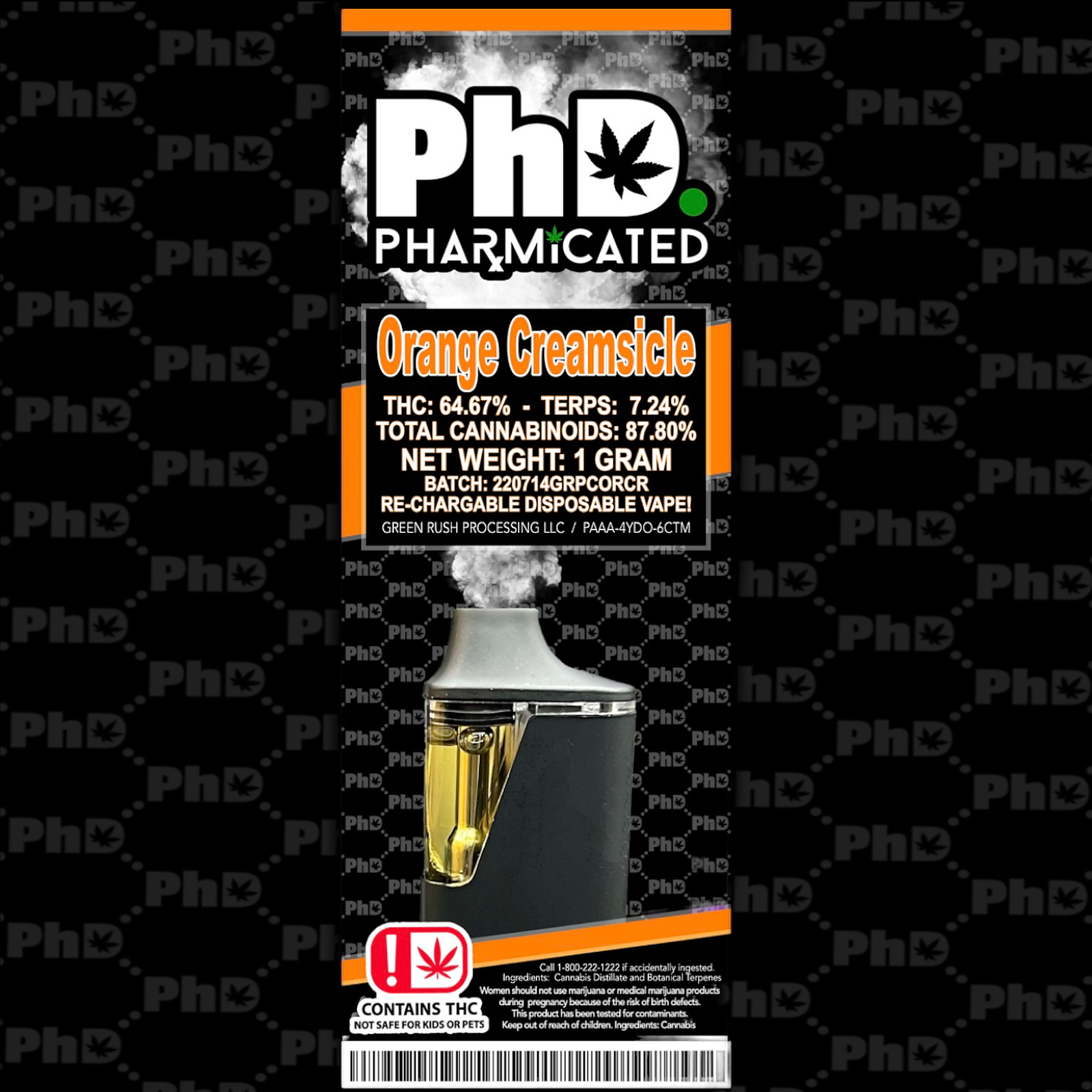 Pharmicated PhD Disposable D9 Vape Cart 1000 mg Orange Creamsicle