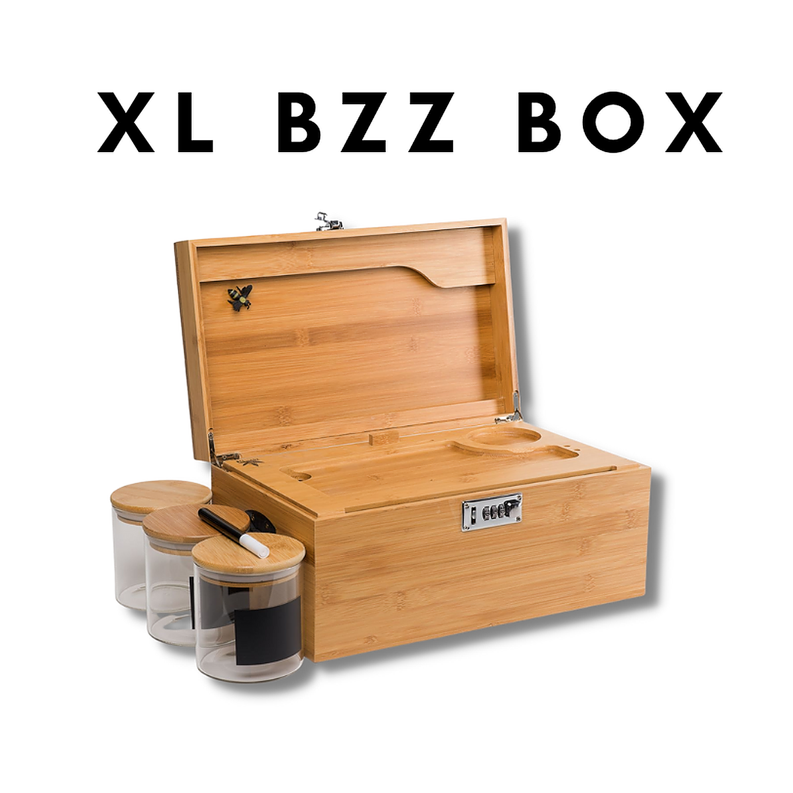 Large Bzz Box bamboo Stash Box With Lock, Rolling Tray, and 3 Stash Jars  the Original Large Bzz Box Stash Box, Smell Proof 