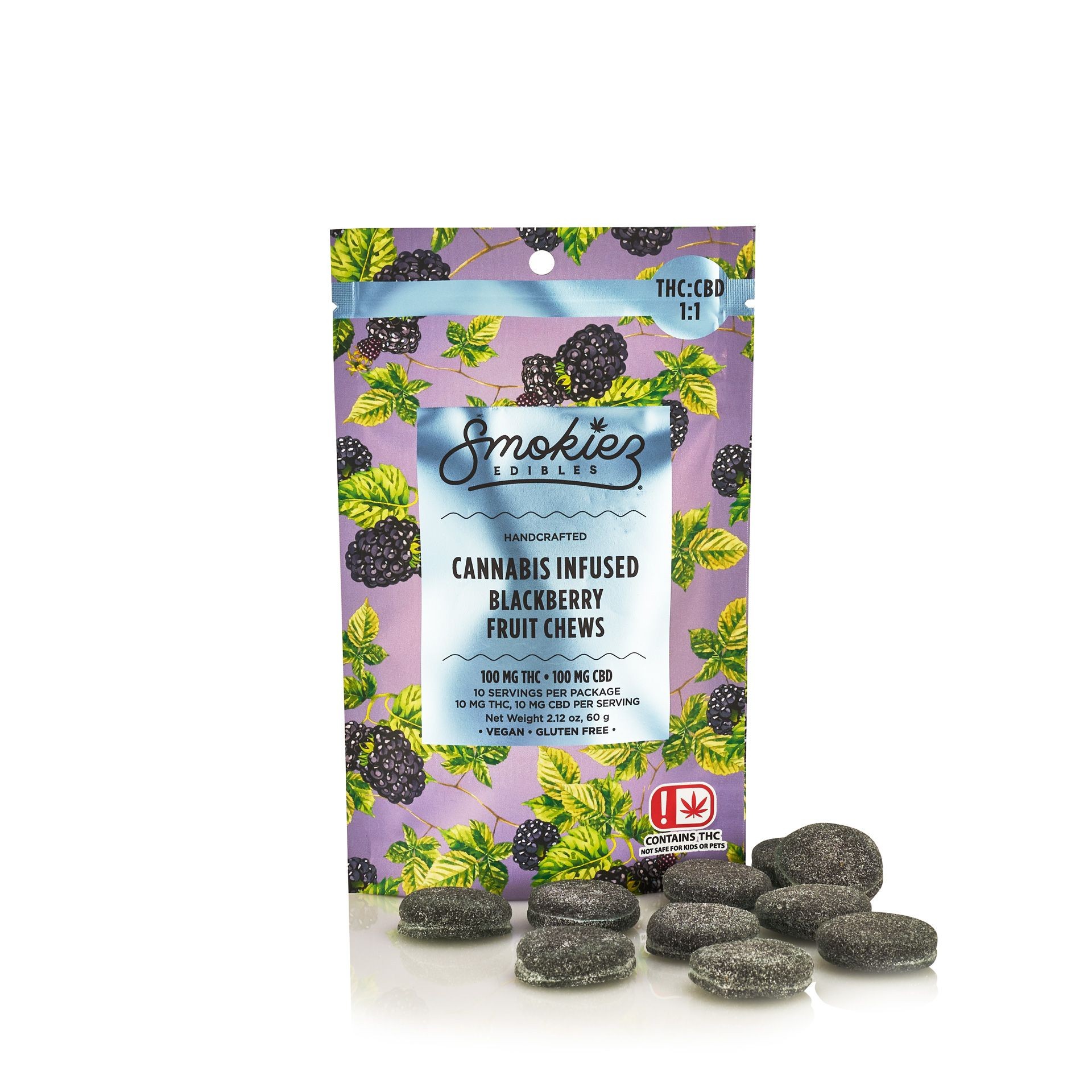 Smokiez Edibles: Blackberry 1:1 THC:CBD Multi-Piece Fruit Chews - 100mg THC / 100 mg CBD - Oklahoma | Leafly