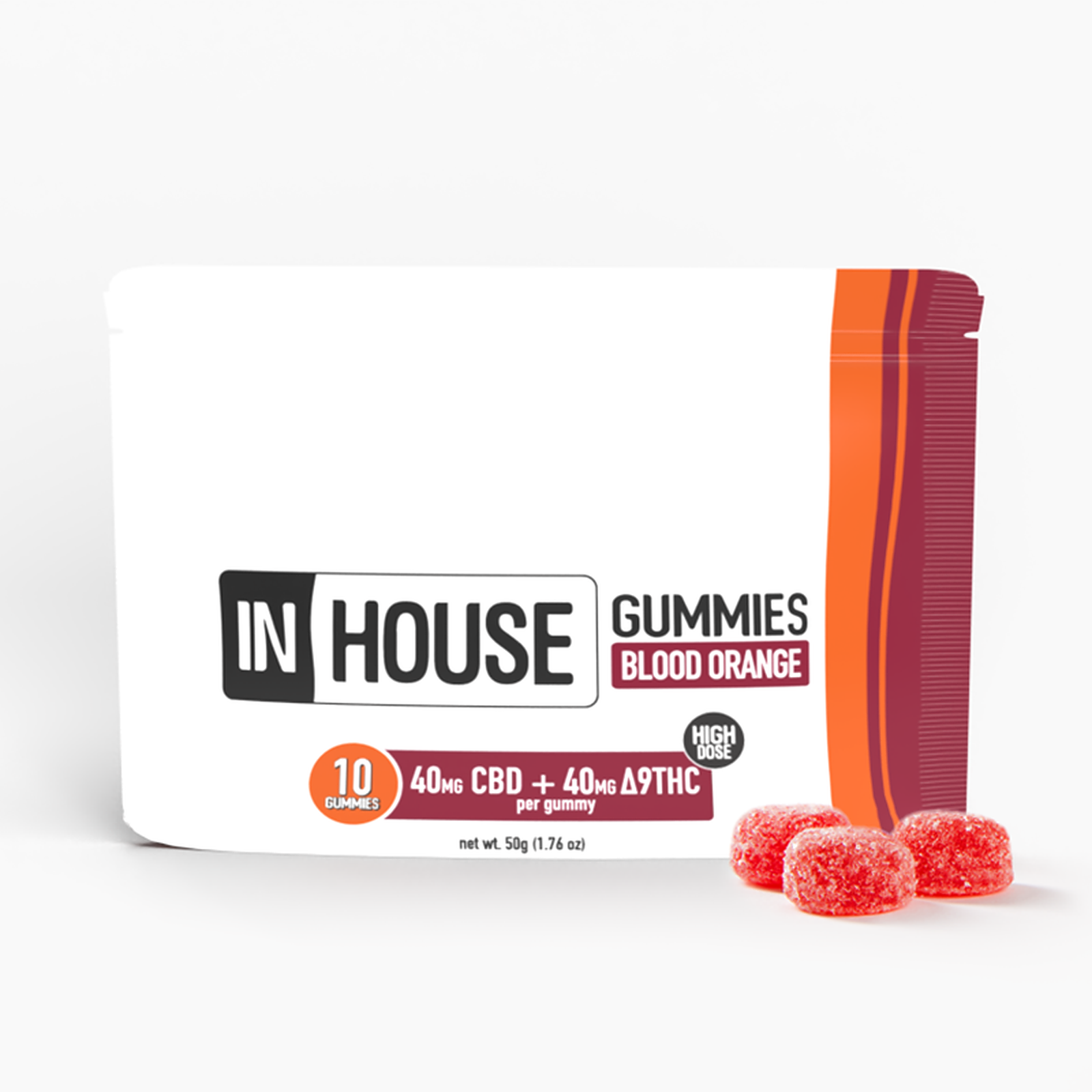 InHouse HIGHDOSE Blood Orange Gummies, 40mg THC + 40mg CBD Leafly