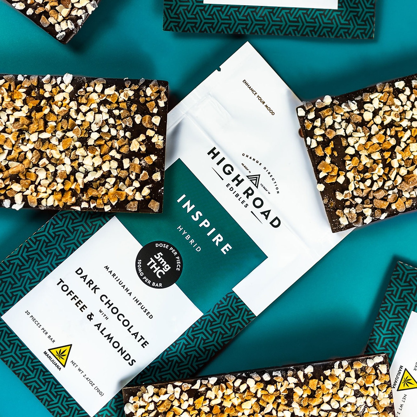 High Road Edibles Almonds, Toffee & Sea Salt Inspire Dark Chocolate Bar, 100mg 20piece Leafly