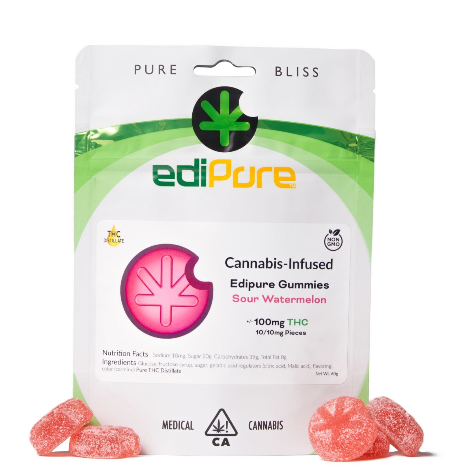 EdiPure Sour Watermelon Gummy Candy 100mg Leafly